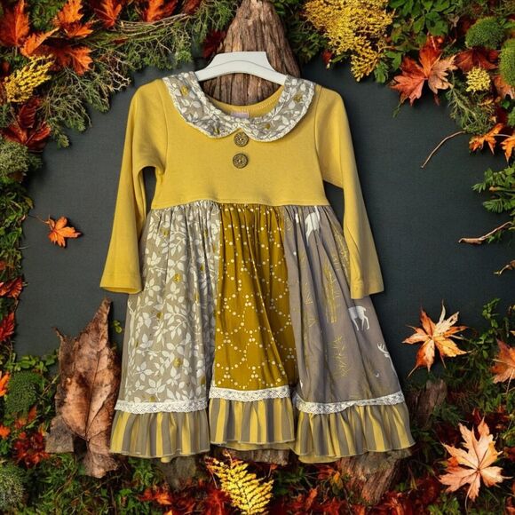 Giggle Moon Girls 18M Snow Pixie Panel Boutique Dress Yellow Leaf Forest Fall - Picture 1 of 8
